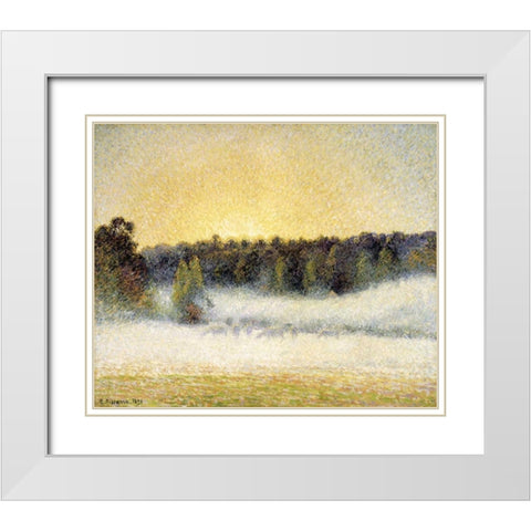 Sunset and Fog at Eragny White Modern Wood Framed Art Print with Double Matting by Pissarro, Camille