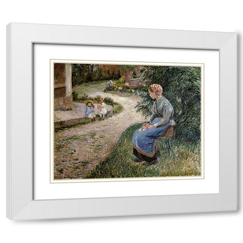 The Servant Seated in the Garden of Eragny White Modern Wood Framed Art Print with Double Matting by Pissarro, Camille