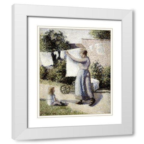 Woman Hanging Laundry White Modern Wood Framed Art Print with Double Matting by Pissarro, Camille
