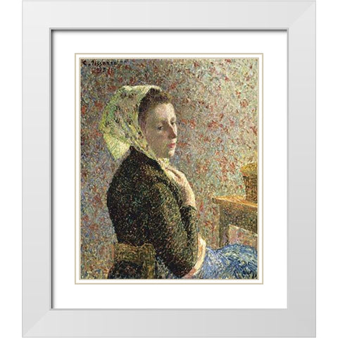 Woman with Green Scarf White Modern Wood Framed Art Print with Double Matting by Pissarro, Camille