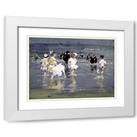 Children on the Beach White Modern Wood Framed Art Print with Double Matting by Potthast, Edward Henry