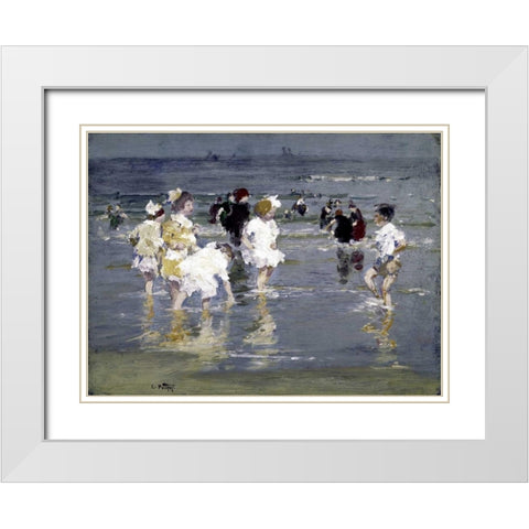 Children on the Beach White Modern Wood Framed Art Print with Double Matting by Potthast, Edward Henry