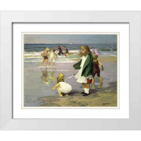 Play in the Surf White Modern Wood Framed Art Print with Double Matting by Potthast, Edward Henry