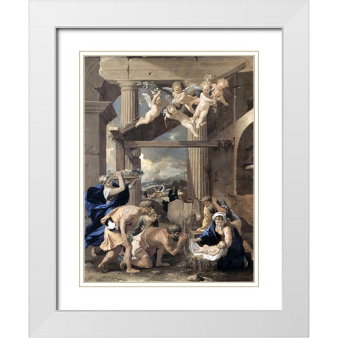 Adoration of The Shepherds White Modern Wood Framed Art Print with Double Matting by Poussin, Nicolas