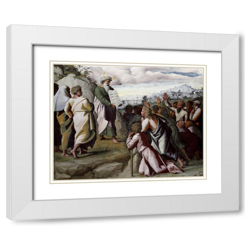 Moses Presenting The Ten Commandments White Modern Wood Framed Art Print with Double Matting by Raphael