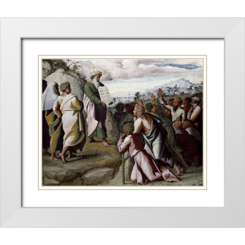 Moses Presenting The Ten Commandments White Modern Wood Framed Art Print with Double Matting by Raphael