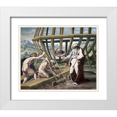 Noah Building The Ark White Modern Wood Framed Art Print with Double Matting by Raphael