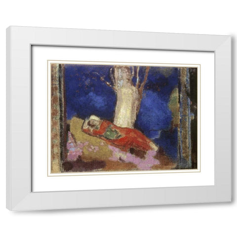 A Woman Lying Under The Tree White Modern Wood Framed Art Print with Double Matting by Redon, Odilion