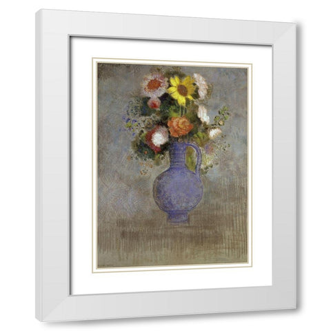 Bouquet in a Blue Vase White Modern Wood Framed Art Print with Double Matting by Redon, Odilon