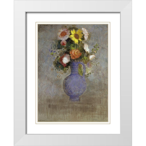 Bouquet in a Blue Vase White Modern Wood Framed Art Print with Double Matting by Redon, Odilon