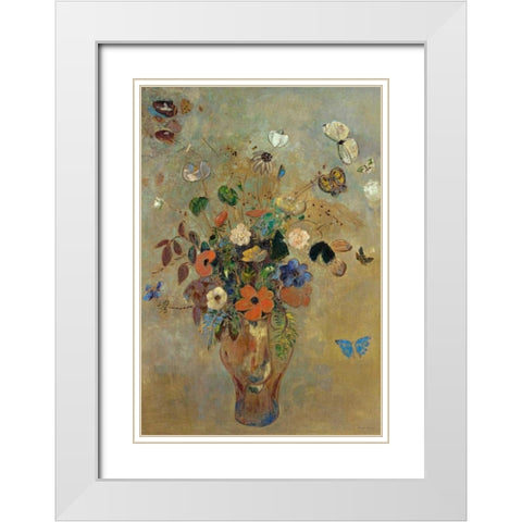 Bouquet of Flowers with Butterflies White Modern Wood Framed Art Print with Double Matting by Redon, Odilion