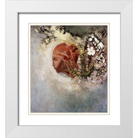 Head With Flowers White Modern Wood Framed Art Print with Double Matting by Redon, Odilon