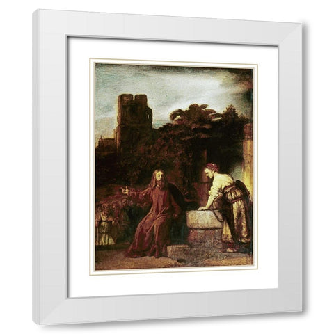 Christ and The Woman of Samaria White Modern Wood Framed Art Print with Double Matting by Rembrandt Van Rijn,