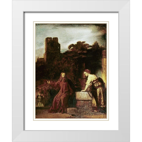 Christ and The Woman of Samaria White Modern Wood Framed Art Print with Double Matting by Rembrandt Van Rijn,