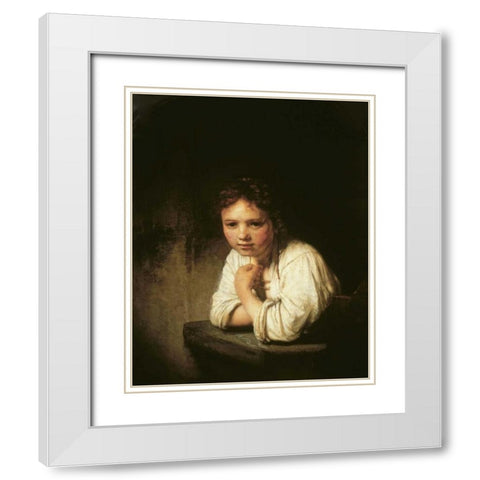 Girl at Window White Modern Wood Framed Art Print with Double Matting by Van Rijn, Rembrandt