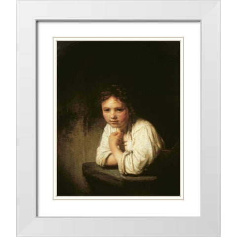 Girl at Window White Modern Wood Framed Art Print with Double Matting by Van Rijn, Rembrandt
