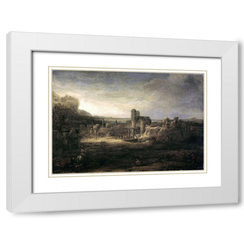 Landscape with a Church White Modern Wood Framed Art Print with Double Matting by Rembrandt Van Rijn,