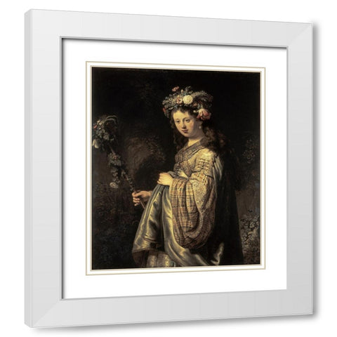 Saskia As Flora White Modern Wood Framed Art Print with Double Matting by Rembrandt Van Rijn,