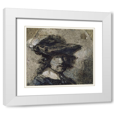 Self Portrait With Cap of Feathers and a Whitecollar - Study White Modern Wood Framed Art Print with Double Matting by Rembrandt Van Rijn,