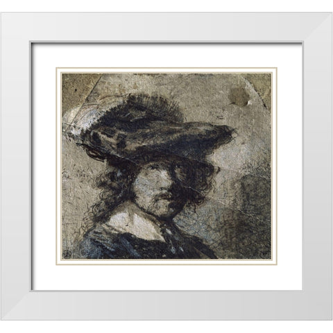 Self Portrait With Cap of Feathers and a Whitecollar - Study White Modern Wood Framed Art Print with Double Matting by Rembrandt Van Rijn,
