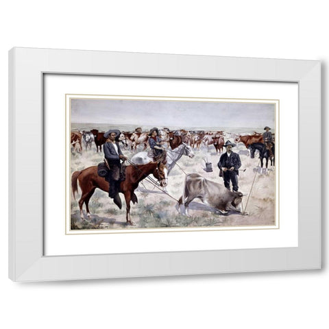 Branding a Steer White Modern Wood Framed Art Print with Double Matting by Remington, Frederic