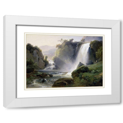 Tivoli Waterfall White Modern Wood Framed Art Print with Double Matting by Redmond, Jean Charles Joseph