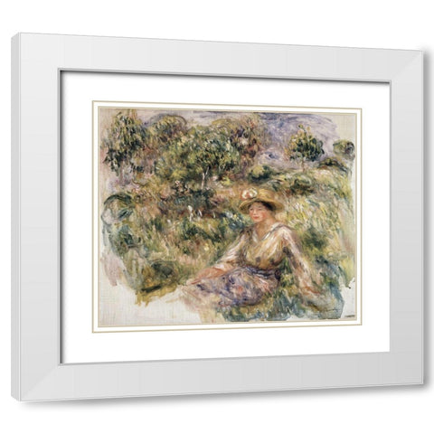 Femme en bleu en chapeau assise sur lherbe White Modern Wood Framed Art Print with Double Matting by Renoir, Pierre-Auguste