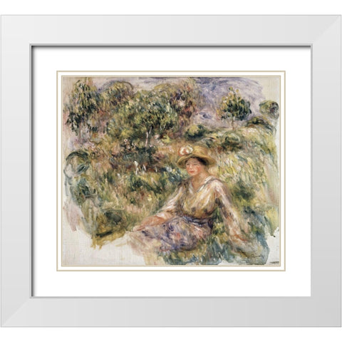 Femme en bleu en chapeau assise sur lherbe White Modern Wood Framed Art Print with Double Matting by Renoir, Pierre-Auguste