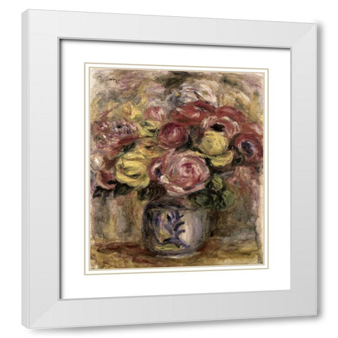 Flowers in a Blue and White Vase White Modern Wood Framed Art Print with Double Matting by Renoir, Pierre-Auguste
