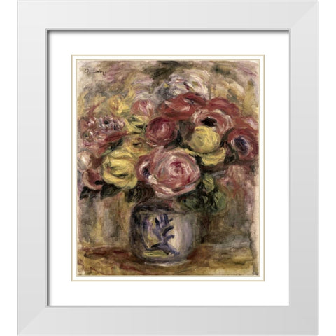Flowers in a Blue and White Vase White Modern Wood Framed Art Print with Double Matting by Renoir, Pierre-Auguste
