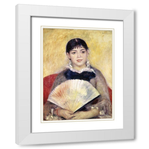 Girl with a Fan White Modern Wood Framed Art Print with Double Matting by Renoir, Pierre-Auguste