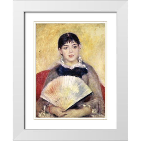 Girl with a Fan White Modern Wood Framed Art Print with Double Matting by Renoir, Pierre-Auguste