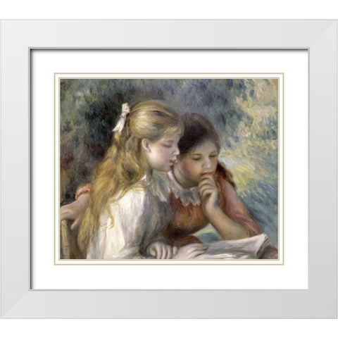 La Lecture White Modern Wood Framed Art Print with Double Matting by Renoir, Pierre-Auguste