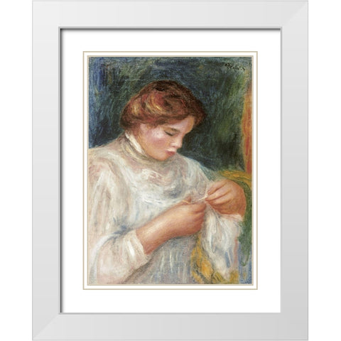 The Seamstress White Modern Wood Framed Art Print with Double Matting by Renoir, Pierre-Auguste
