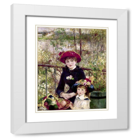 Two Sisters - On The Terrace White Modern Wood Framed Art Print with Double Matting by Renoir, Pierre-Auguste