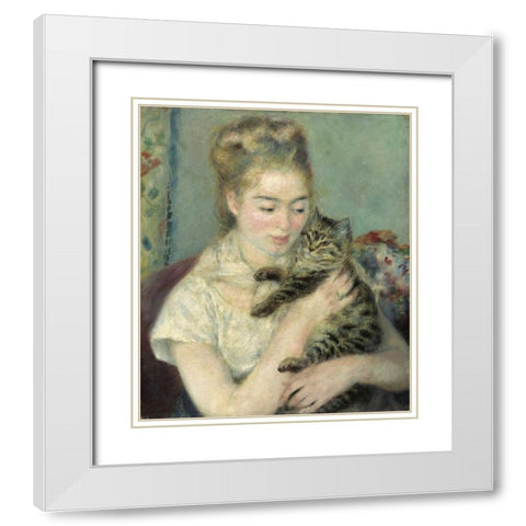 Woman with a Cat White Modern Wood Framed Art Print with Double Matting by Renoir, Pierre-Auguste