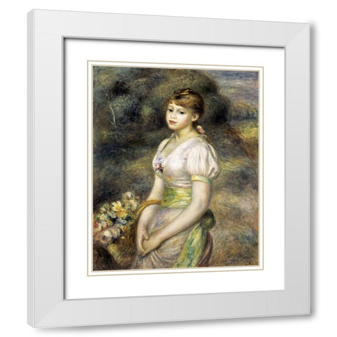 Young Girl Carrying a Basket of Flowers White Modern Wood Framed Art Print with Double Matting by Renoir, Pierre-Auguste