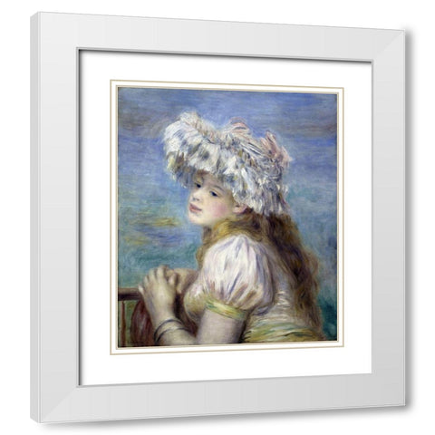 Young Girl in a Lace Hat White Modern Wood Framed Art Print with Double Matting by Renoir, Pierre-Auguste
