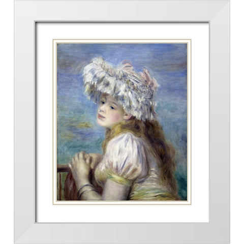 Young Girl in a Lace Hat White Modern Wood Framed Art Print with Double Matting by Renoir, Pierre-Auguste