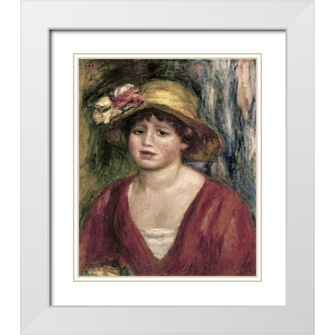 Young Girl In a Red Dress White Modern Wood Framed Art Print with Double Matting by Renoir, Pierre-Auguste