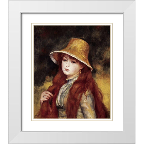 Young Girl in a Straw Hat White Modern Wood Framed Art Print with Double Matting by Renoir, Pierre-Auguste