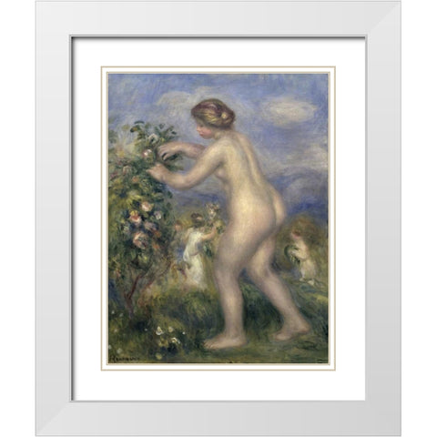 Young Nude Girl Picking Flowers White Modern Wood Framed Art Print with Double Matting by Renoir, Pierre-Auguste