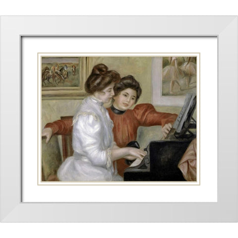 Yvonne and Christine Lerolle at the Piano, 1897-1898 White Modern Wood Framed Art Print with Double Matting by Renoir, Pierre-Auguste