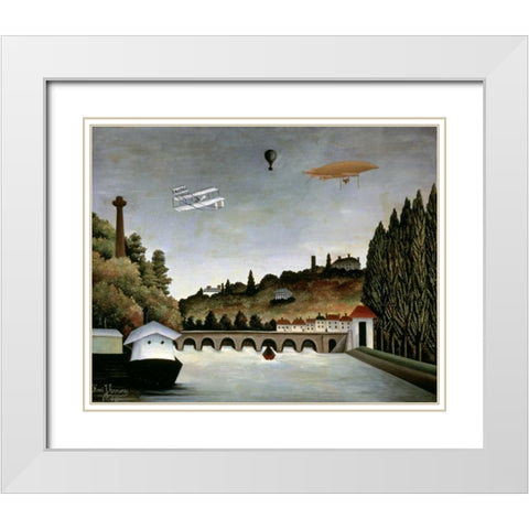 Landscape With Zeppelin White Modern Wood Framed Art Print with Double Matting by Rousseau, Henri