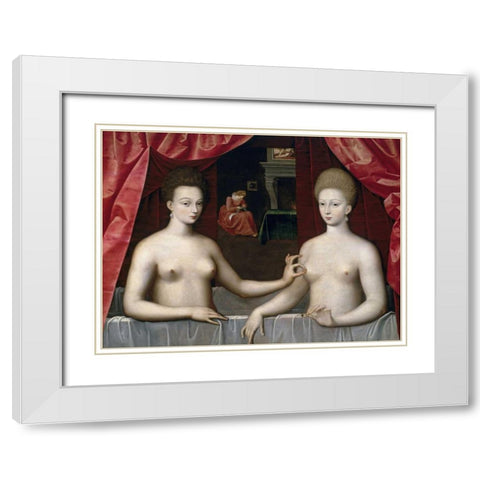 Gabrielle DEstrees and One of Her Sisters White Modern Wood Framed Art Print with Double Matting by School of Fontainebleau