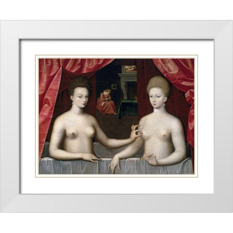 Gabrielle DEstrees and One of Her Sisters White Modern Wood Framed Art Print with Double Matting by School of Fontainebleau
