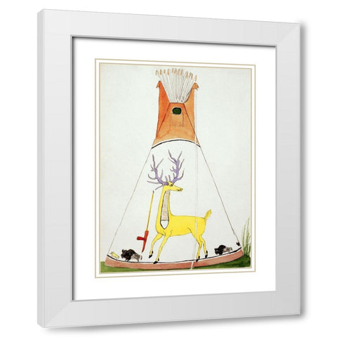 Teepee With Large Yellow Deer and Small Buffalo White Modern Wood Framed Art Print with Double Matting by Silverhorn