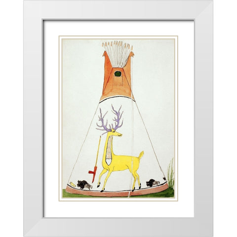 Teepee With Large Yellow Deer and Small Buffalo White Modern Wood Framed Art Print with Double Matting by Silverhorn