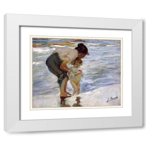 At the Beach - En la Playa White Modern Wood Framed Art Print with Double Matting by Bastida, Joaquin Sorrolla