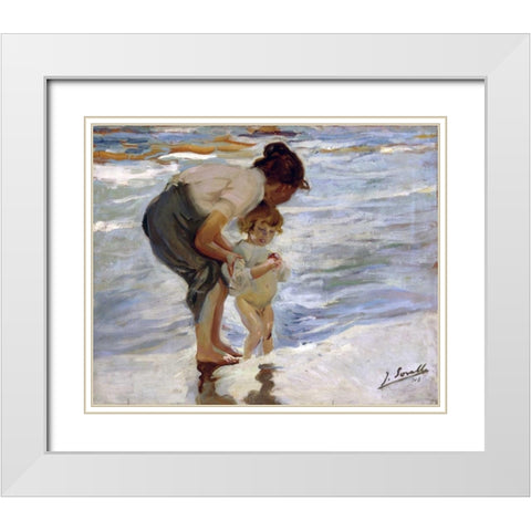 At the Beach - En la Playa White Modern Wood Framed Art Print with Double Matting by Bastida, Joaquin Sorrolla